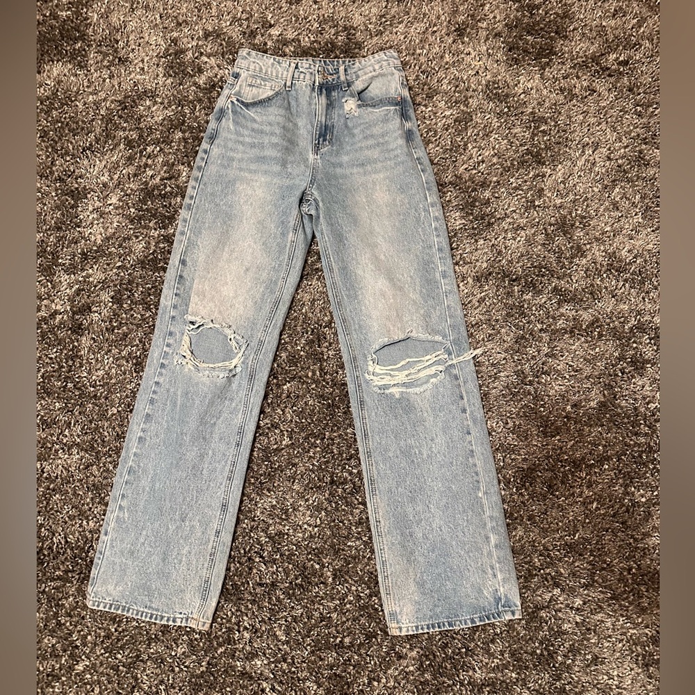 Light wash distressed straight leg jeans